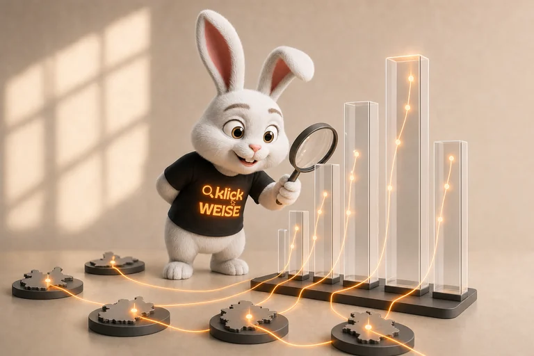 Klickweise-Maskottchen visualisiert Deutscher KI-Zitier-Index in einer eigenständigen Mess- und Analyseszene.